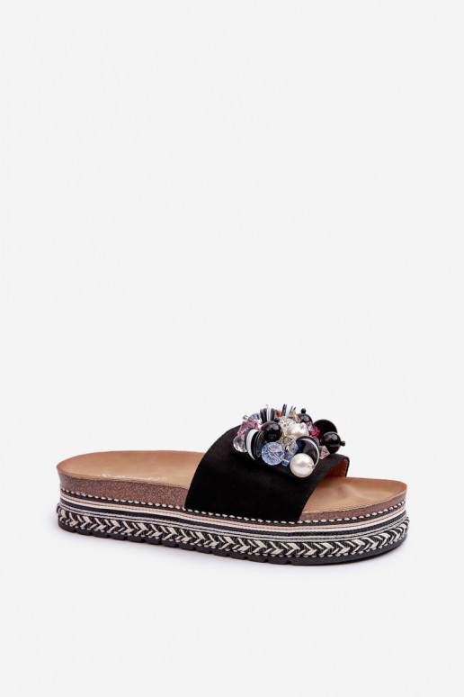 Chinelos femininos com plataforma com lindos detalhes S.Barski HY077 preto