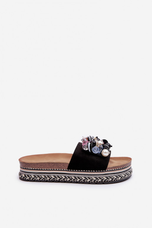 Chinelos femininos com plataforma com lindos detalhes S.Barski HY077 preto