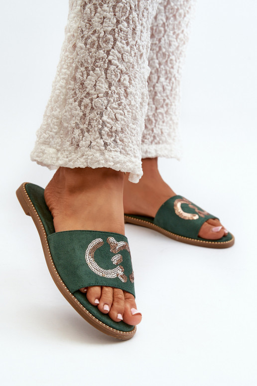 Chinelos planos femininos com escamas brilhantes S.Barski KV27-052 cor verde