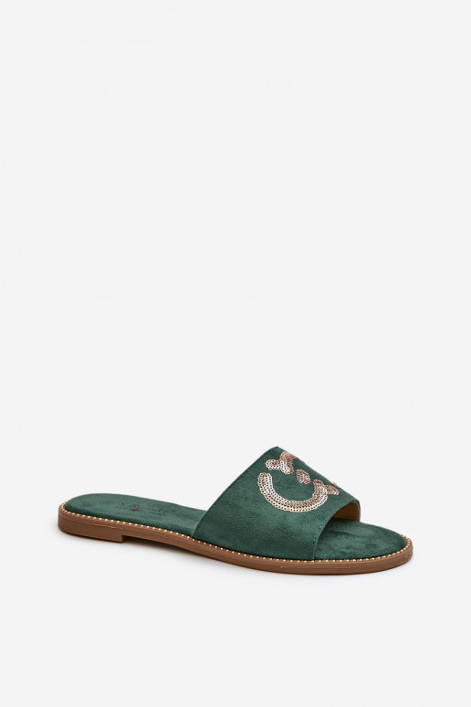 Chinelos planos femininos com escamas brilhantes S.Barski KV27-052 cor verde