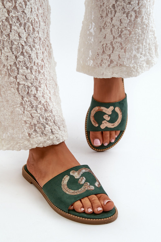 Chinelos planos femininos com escamas brilhantes S.Barski KV27-052 cor verde