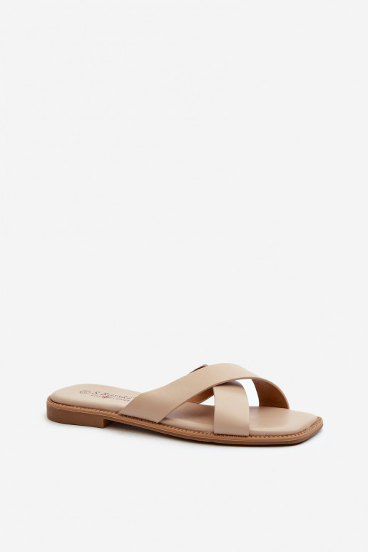 Chinelos femininos com salto largo em couro ecológico S.Barski KV27-002 bege Chinelos femininos com salto largo em couro ecológico S.Barski KV27-002 bege