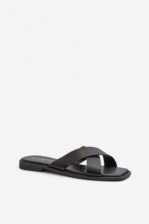 Chinelos femininos com salto largo em couro ecológico S.Barski KV27-002 preto Chinelos femininos com salto largo em couro ecológico S.Barski KV27-002 preto