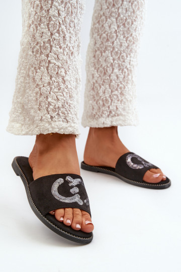 Chinelos planos femininos com escamas brilhantes S.Barski KV27-052 preto 2