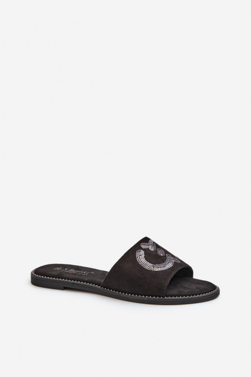 Chinelos planos femininos com escamas brilhantes S.Barski KV27-052 preto