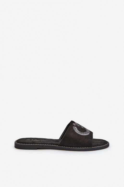 Chinelos planos femininos com escamas brilhantes S.Barski KV27-052 preto