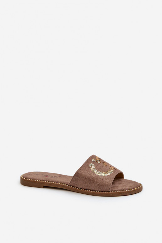 Chinelos planos femininos com escamas brilhantes S.Barski KV27-052 marrom Chinelos planos femininos com escamas brilhantes S.Barski KV27-052 marrom