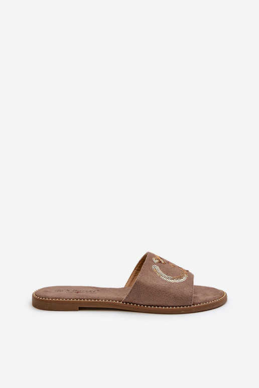 Chinelos planos femininos com escamas brilhantes S.Barski KV27-052 marrom Chinelos planos femininos com escamas brilhantes S.Barski KV27-052 marrom