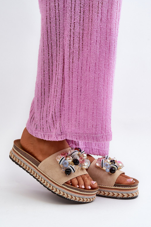 Chinelos femininos com plataforma com lindos detalhes S.Barski HY077 bege
