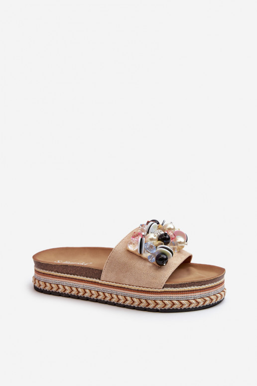 Chinelos femininos com plataforma com lindos detalhes S.Barski HY077 bege Chinelos femininos com plataforma com lindos detalhes S.Barski HY077 bege