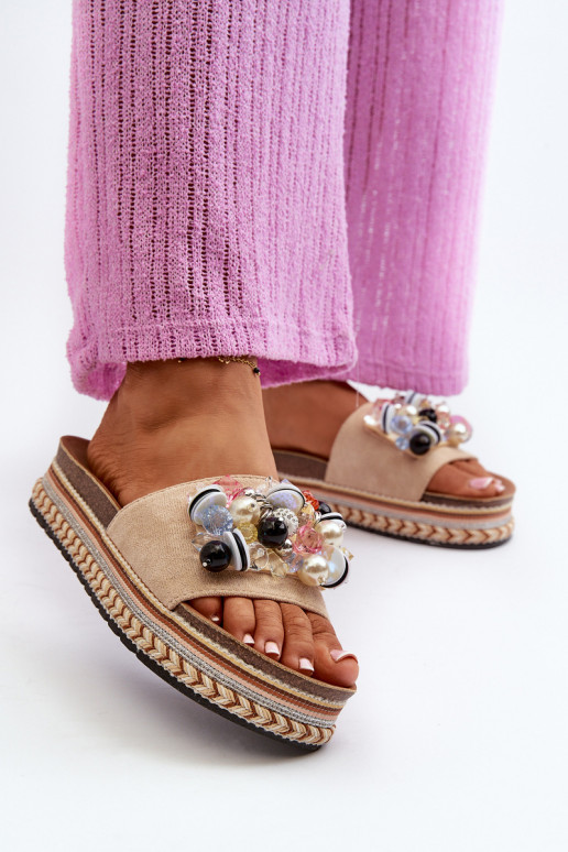 Chinelos femininos com plataforma com lindos detalhes S.Barski HY077 bege