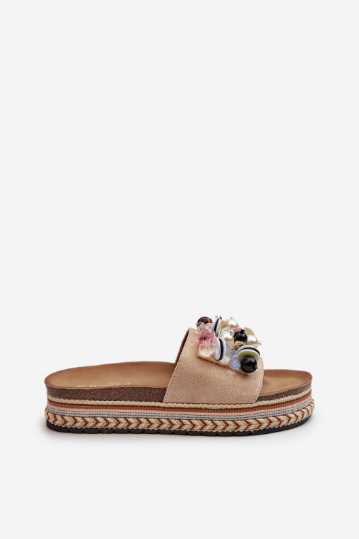 Chinelos femininos com plataforma com lindos detalhes S.Barski HY077 bege