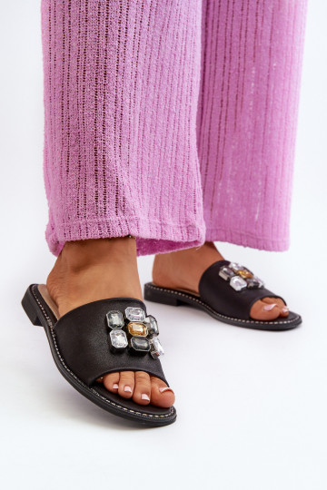 Chinelos femininos com lindos detalhes S.Barski KV27-031 cor preta 2
