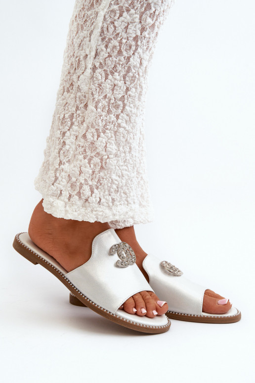 Chinelos femininos estilo elegante com glitter e enfeites S.Barski KV27-050 cor prata