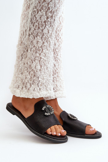 Chinelos femininos estilo elegante com brilho e enfeites S.Barski KV27-050 cor preta 2