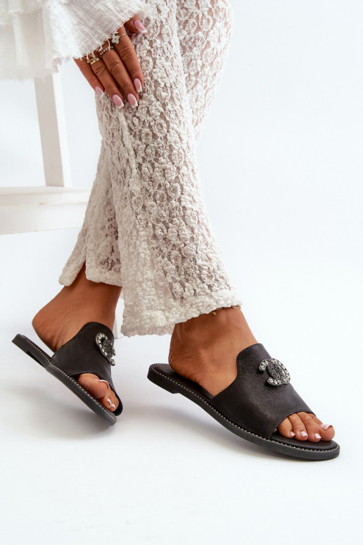 Chinelos femininos estilo elegante com brilho e enfeites S.Barski KV27-050 cor preta