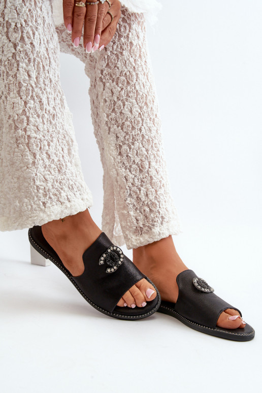 Chinelos femininos estilo elegante com brilho e enfeites S.Barski KV27-050 cor preta