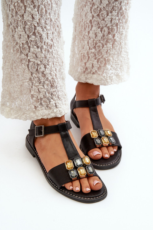 Sandálias femininas estilo elegante com detalhes ornamentados S.Barski KV27-030 cor preta Sandálias femininas estilo elegante com detalhes ornamentados S.Barski KV27-030 cor preta