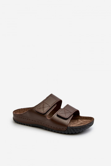 Chinelos Confortáveis Masculinos Com Listras Com Velcro Inblu FM00001U Marrom Escuro