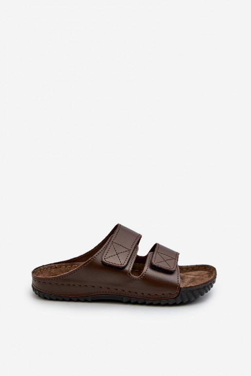 Chinelos Confortáveis Masculinos Com Listras Com Velcro Inblu FM00001U Marrom Escuro