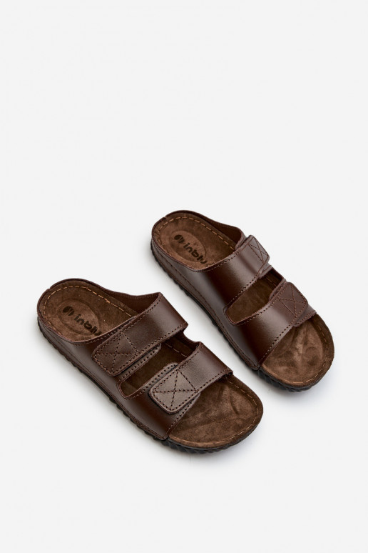 Chinelos Confortáveis Masculinos Com Listras Com Velcro Inblu FM00001U Marrom Escuro
