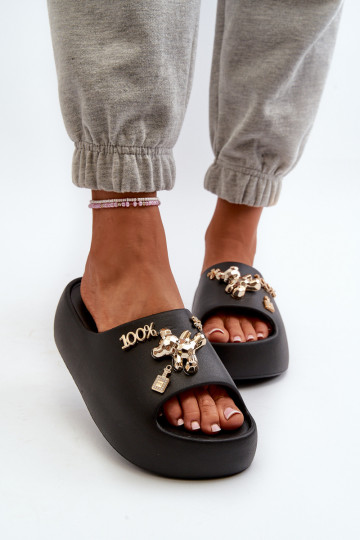 Chinelos femininos Lengwa Chinelos leves com lindos detalhes na cor preta Orchia