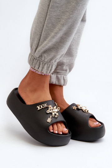 Chinelos femininos Lengwa Chinelos leves com lindos detalhes na cor preta Orchia 2