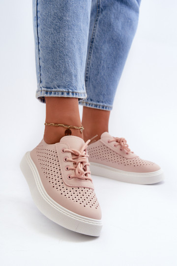 com elementos perfurados sapatos de lazer modelo tênis com plataforma cor rosa Tanvi
