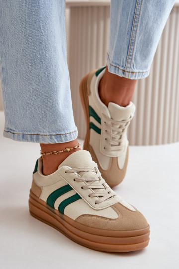 Modelo de tênis calçado feminino com plataforma cor bege-verde Nesonice