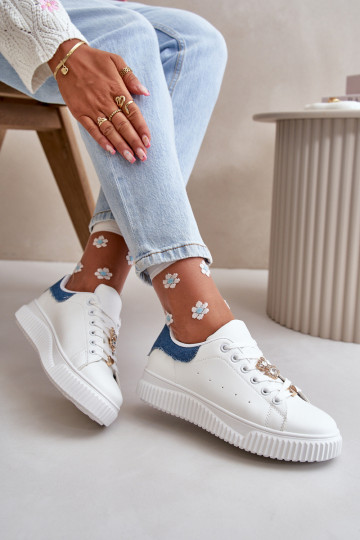 tênis de sola plana de couro ecológico Z Przypinkami Branco-cor azul Cillione