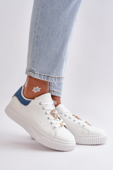 tênis de sola plana de couro ecológico Z Przypinkami Branco-cor azul Cillione 2