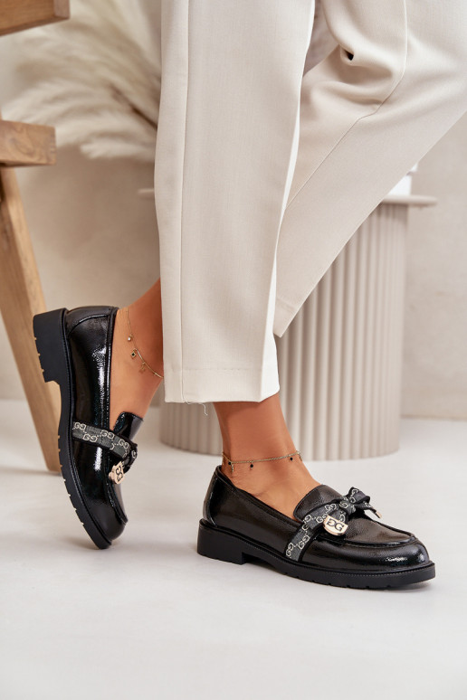 com efeito verniz Feminino Mocassins com fitas S.Barski HY42-331A cor preta com efeito verniz Feminino Mocassins com fitas S.Barski HY42-331A cor preta