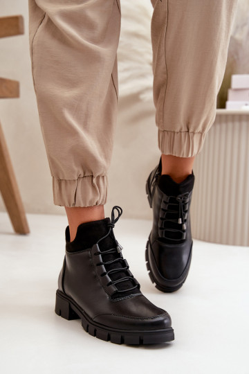 sapatos de salto baixo para mulheres aquecimento de couro ecológico cor preta Erisabelle 2