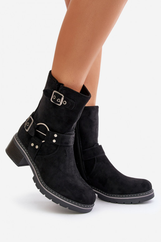 Botas femininas De salto baixo com fivelas cor preta Zudra