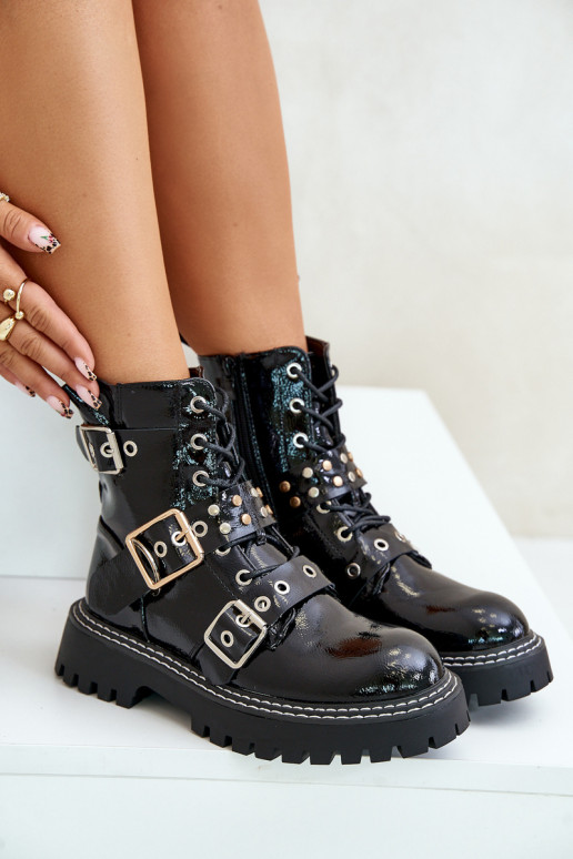 com efeito verniz Botins de trabalho com fivelas cor preta Serizia