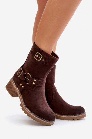 Botas femininas De salto baixo com fivelas cor marrom Zudra 2