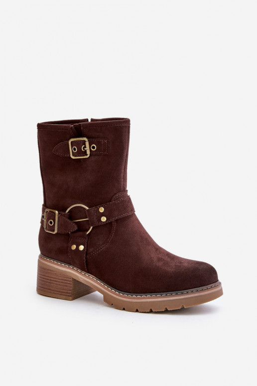 Botas femininas De salto baixo com fivelas cor marrom Zudra