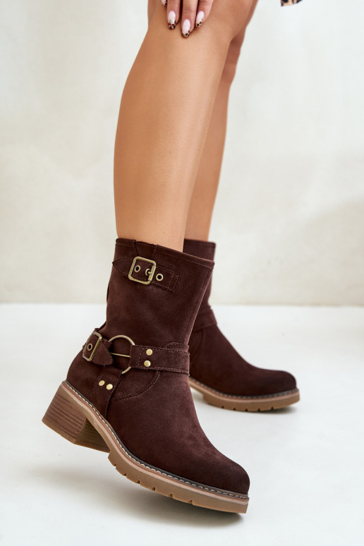 Botas femininas De salto baixo com fivelas cor marrom Zudra
