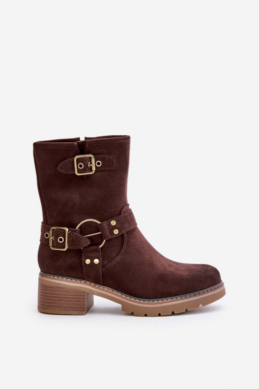 Botas femininas De salto baixo com fivelas cor marrom Zudra