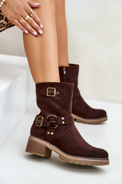 Botas femininas De salto baixo com fivelas cor marrom Zudra