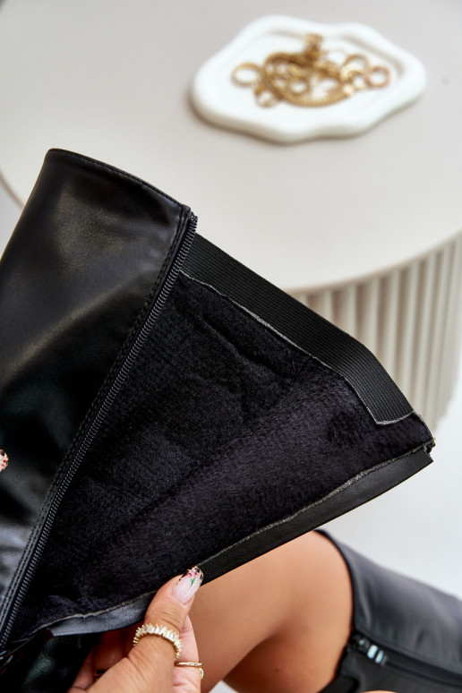 Feminino aquecimento botas com salto largo com fivelas douradas cor preta Arsisna Feminino aquecimento botas com salto largo com fivelas douradas cor preta Arsisna