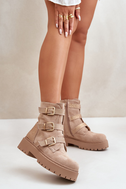 aquecimento Botas femininas com fivelas bege Tiaeliana aquecimento Botas femininas com fivelas bege Tiaeliana
