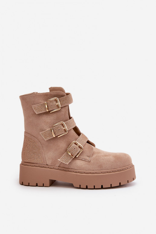 aquecimento Botas femininas com fivelas bege Tiaeliana aquecimento Botas femininas com fivelas bege Tiaeliana