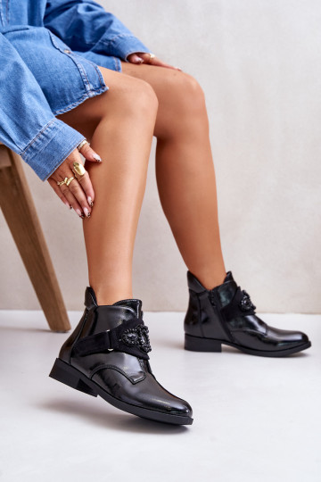 com efeito laca Botas femininas com enfeites aquecidos S.Barski HY42-021 cor preta