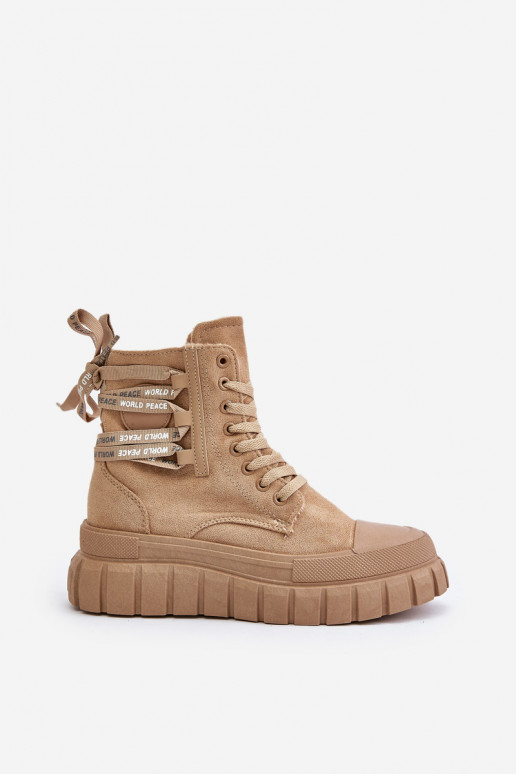 Botas femininas com uma plataforma Com decorações Amarrandom cor marrom Edidda