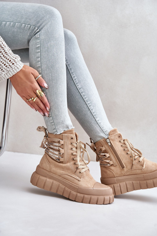 Botas femininas com uma plataforma Com decorações Amarrandom cor marrom Edidda