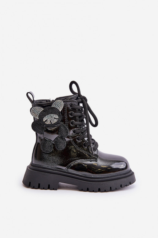 aquecimento Botas Infantil Com Urso Casal o castelo com efeito verniz cor preta Relobia