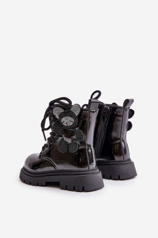 aquecimento Botas Infantil Com Urso Casal o castelo com efeito verniz cor preta Relobia