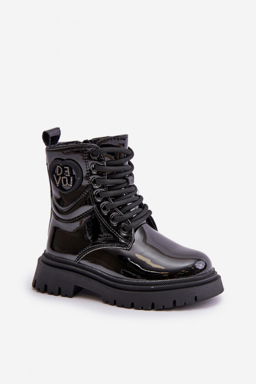 com efeito verniz Botas Infantil aquecimento com pelo por dentro Casal o castelo cor preta Evaliraea