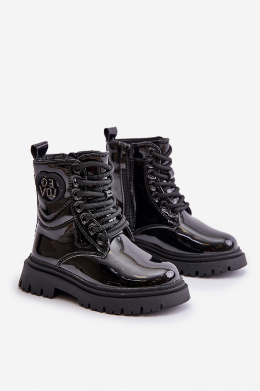 com efeito verniz Botas Infantil aquecimento com pelo por dentro Casal o castelo cor preta Evaliraea